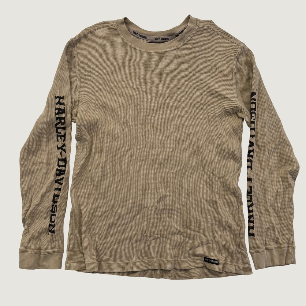 Harley-Davidson Mens Large Tan Waffle Knit Thermal Long Sleeve Sleeve Logo Shirt